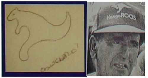 A la izquierda, dibujo realizado por Marcelo Acquistapace con la figura de un canguro; seg&uacute;n &eacute;l relacionado con la aparici&oacute;n de Mar&iacute;a Victoria Williams. A la derecha, foto del transe&uacute;nte que encontr&oacute; su cad&aacute;ver, con un dibujo casi id&eacute;ntico en su gorro.