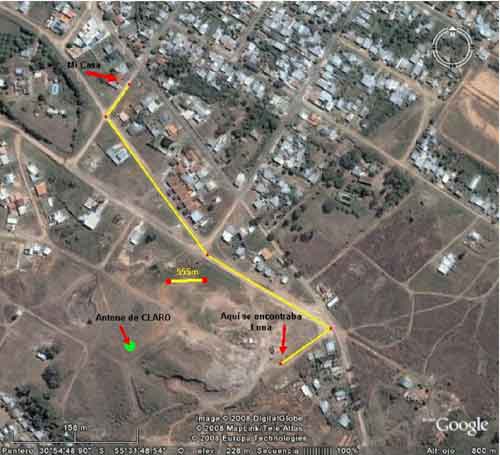 Mapa a&eacute;reo obtenido mediante Google Earth, donde pueden confirmarse los datos aportados para llegar hasta el lugar donde se encontraba Luna. 