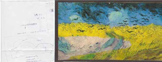 Trigal con Cuervos, pintura del pintor holand&eacute;s Vincent Van Gogh, junto al dibujo que realiz&oacute; el ps&iacute;quico, mientras preguntaba: �C&oacute;mo se escribe Van Gogh?