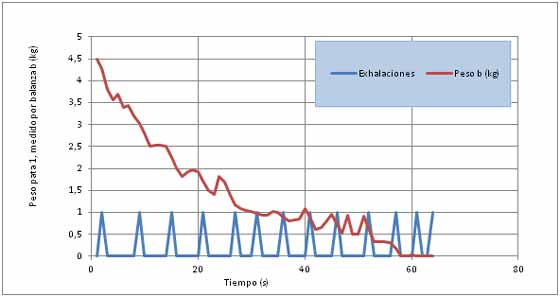 Gráfico 5: La curva roja expresa el peso de la balanza 1, debajo de la pata de la mesa más cercana al sujeto, en función del tiempo transcurrido. Los picos de la curva azul muestran los momentos en que el sujeto exhala. Reunión # 6 (Agosto 26, 2014).