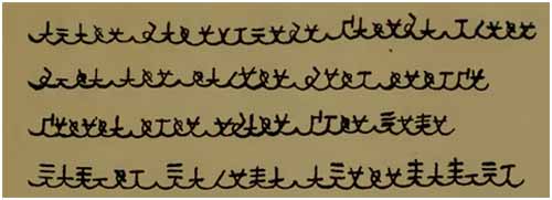 Figura 8. Escritura uraniana producida durante la sesión del 2 de agosto de 1900. La equivalencia uraniana es <I>afato matobifomo zatoma idoto meta ato tadoto moti totizo zotota tito omato zito lopo lapeti ladopa alotopapeli</I>. Flournoy (1902, p. 185) insistirá en que estos automatismos gráficos son producto de un desdoblamiento del Yo propio de la histeria.